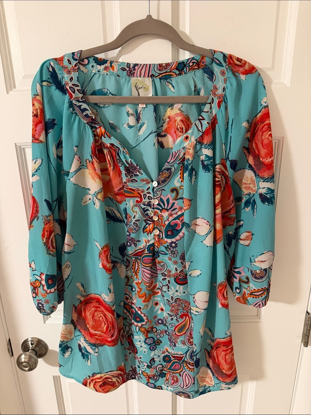 Fig and Flower floral & paisley print tunic blouse 3/4 sleeve turquoise Size  2X